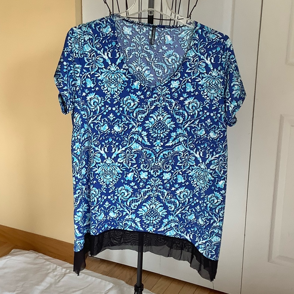 Blue Floral Women's Blouse with sheer bottom accent
